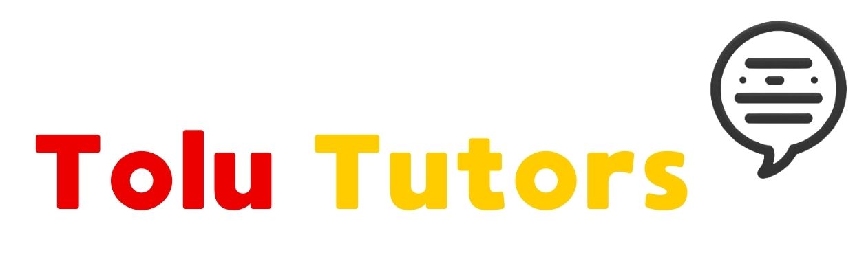Logotipo de Tolu Tutors, estando Tolu en rojo, Tutors en amarillo. Al final hay un símbolo de diálogo